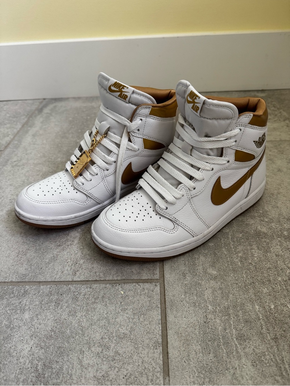 Nike White & Metallic Gold High-Top Sneakers